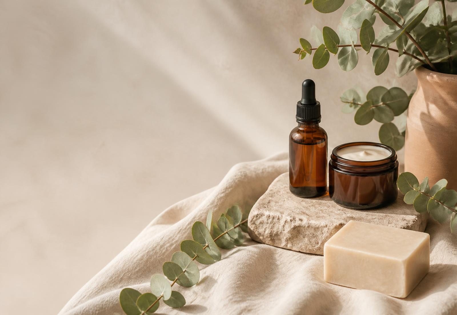 Amber glass bottle, cream jar and a soap bar on cream linen with eucalyptus